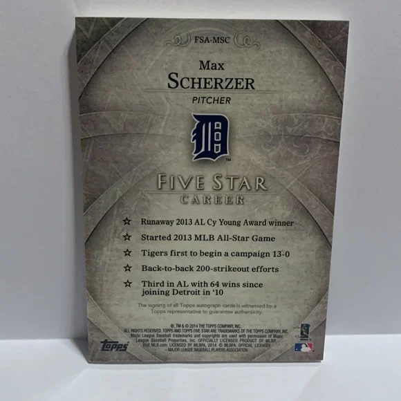 2014 Topps 5 Star Max Scherzer Auto #FSA-MSC SN 223/299 (MISC7)
